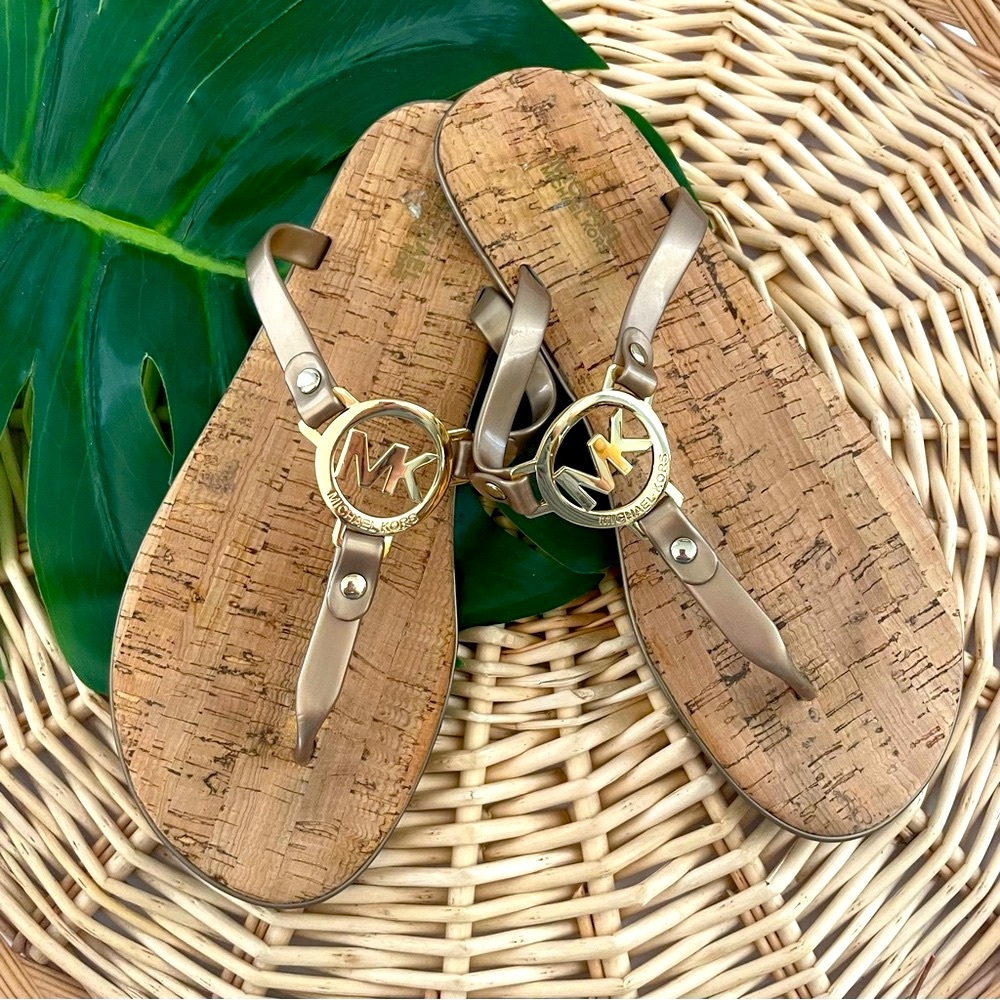 MICHAEL Michael Kors jelly flip-flops gold tone logo cork slip-on sandals size 8